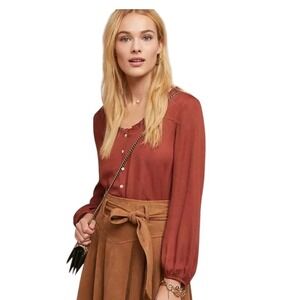Dolan Womens Rust Blouse M Button Front Ruffle Neck Long Sleeve Boho Peasant Top